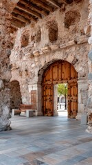 Obraz premium Ancient Castle Gate With Heavy Wooden Doors and Stone Ruins