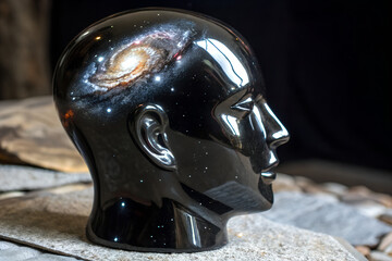Dark Reflective Bust with Spiral Galaxy Mind – Cosmic Human Imagination Concept Art