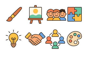 Fototapeta premium Collaborative Art Icons. Flat vector mini-illustrations Collaborative art projects in colors children's