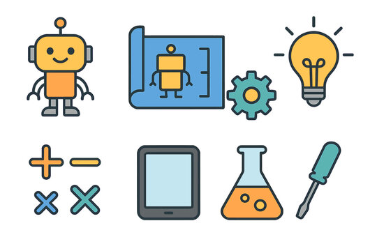 Future Inventors Icons. Flat vector mini-illustrations Future inventors program in colors children's