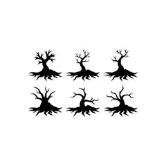 6 different uprooted fallen tree silhouette vector