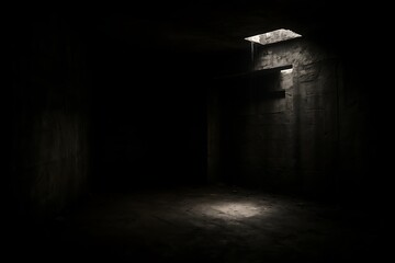 Dark concrete room with light shining through a ceiling opening interior