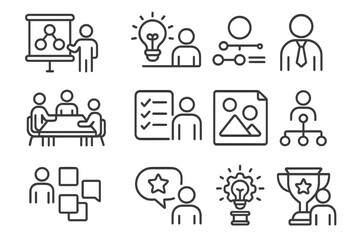 Creative Leadership Icons. Outline icon set of team leaders guiding creative projects: brainstorming board,