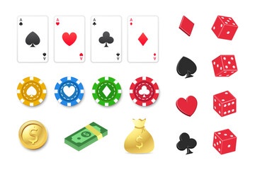 3D Vector Casino Poker Game Set with Realistic Cards, Gold Coins, Dice, Chips and Gambling Items