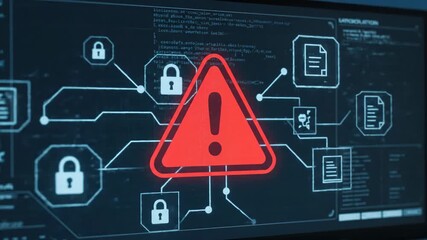Cyber Security System Warning: Data Breach Alert - A red warning triangle with an exclamation mark is displayed on a computer screen showing system data and code, indicating a potential data breach