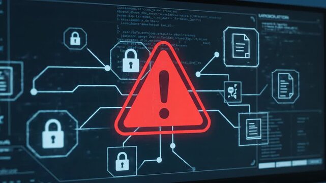 Cyber Security System Warning: Data Breach Alert - A red warning triangle with an exclamation mark is displayed on a computer screen showing system data and code, indicating a potential data breach