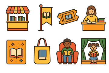 Children's Book Fair Icons. Flat vector mini-illustrations Book fairs in colors children's illustrations:
