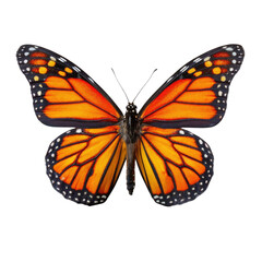 Fototapeta premium A vibrant monarch butterfly with orange wings, black veins, and white spots, isolated on a transparent background. background removed