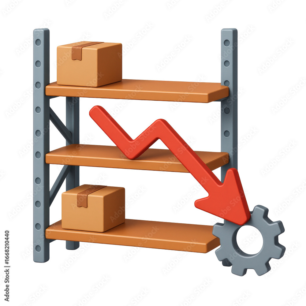 Aufkleber efficiency recession concept. storage shelves with boxes and a downward arrow symbolizing decline.