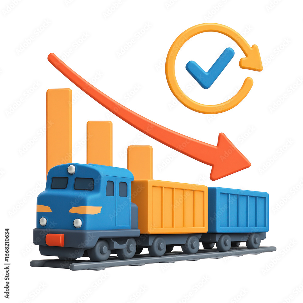 Poster efficiency recession concept. train with cargo and upward graph elements.