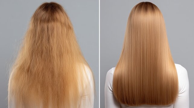 A comparison of two hairstyles showing a woman with frizzy hair on the left and smooth, straight hair on the right. Both views are from the back.