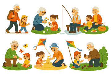 Grandparents' Outdoor Adventures. Flat vector mini-illustrations Grandparents in nature with children in