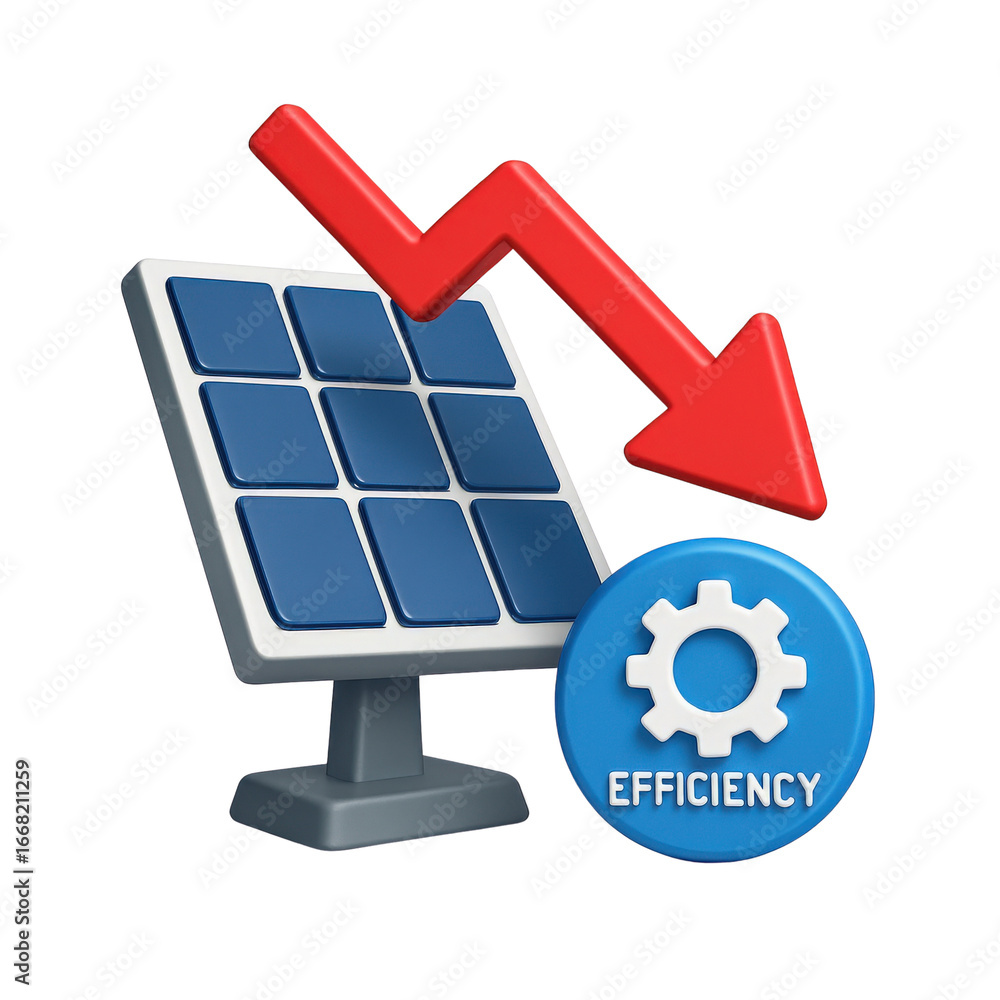 Poster efficiency recession concept. solar panel with declining efficiency indicator.