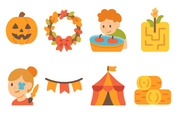 Autumn Festival Icons. Flat vector mini-illustrations Autumn festivals in colors children's illustrations: