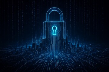 Digital Security Padlock Icon Glowing Blue Amidst Binary Code and Circuitry technology cybersecurity