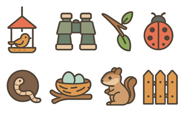 Backyard Nature Icons. Flat vector mini-illustrations Backyard nature watch in colors children's illustrations