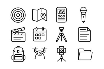 Documentary Tools Icons. Outline icon set of documentary production timeline: camera lens, map, field recorder
