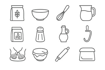 Dough Preparation Icons. Outline icon set of dough preparation: flour bag, mixing bowl, whisk, water pitcher,