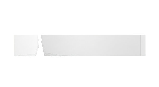 Single long white paper strip, one edge torn fibrous, other straight cut, smooth matte, flat lay overhead on transparent background, even bright studio lighting, no shadows Concept of material study