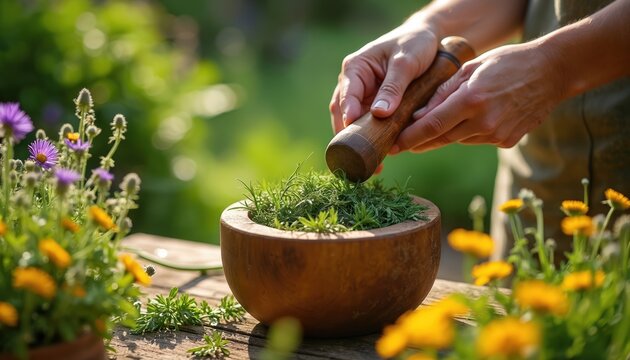 Herbalist prepares tincture, grinding fresh garden herbs in wooden mortar with pestle. Traditional wellness ritual involves organic ingredients for natural remedy. Sustainable cultivation,
