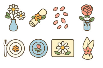 Fototapeta premium Floral Table Mini-Illustrations. Flat vector mini-illustrations Table setting with flowers in colors