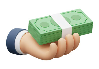 手のひらに乗った緑色のお金の束を保持する3Dイラストの金融コンセプト