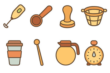 Coffee Accessories Icons. Flat vector mini-illustrations Coffee accessories in colors children's illustrations