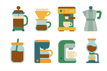 Colorful Coffee Icons. Flat vector mini-illustrations Coffee brewing methods in colors children's