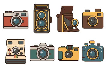 Classic Film Cameras. Flat vector mini-illustrations Classic film cameras in colors children's illustrations: