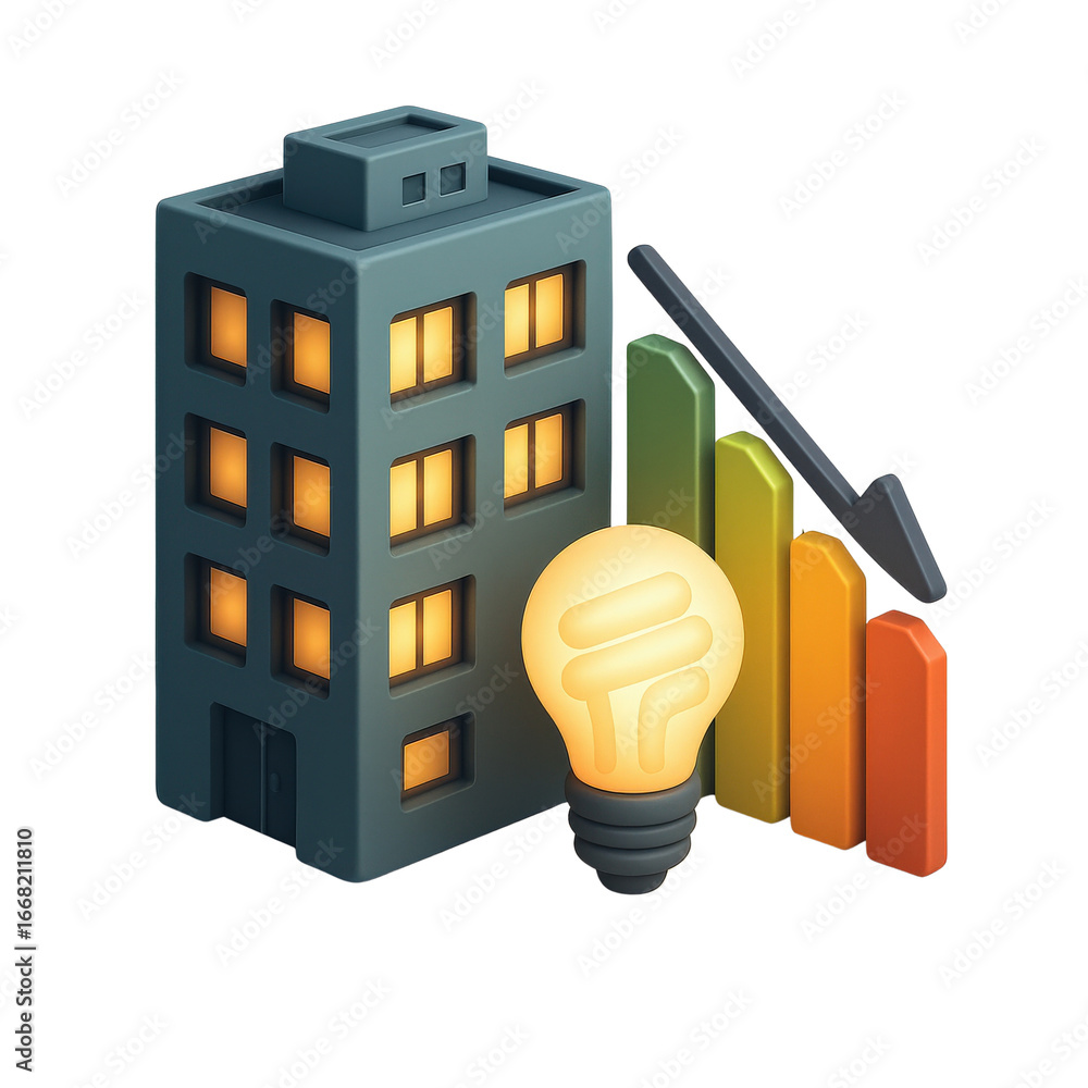 Fototapete efficiency recession concept. building with a light bulb and a declining graph.