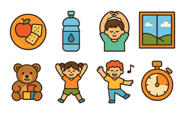Virtual Class Breaktime Fun. Flat vector mini-illustrations Break time during virtual class in colors children