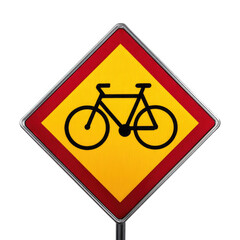 Diamond-shaped traffic sign warning of cyclists ahead on the road. background removed