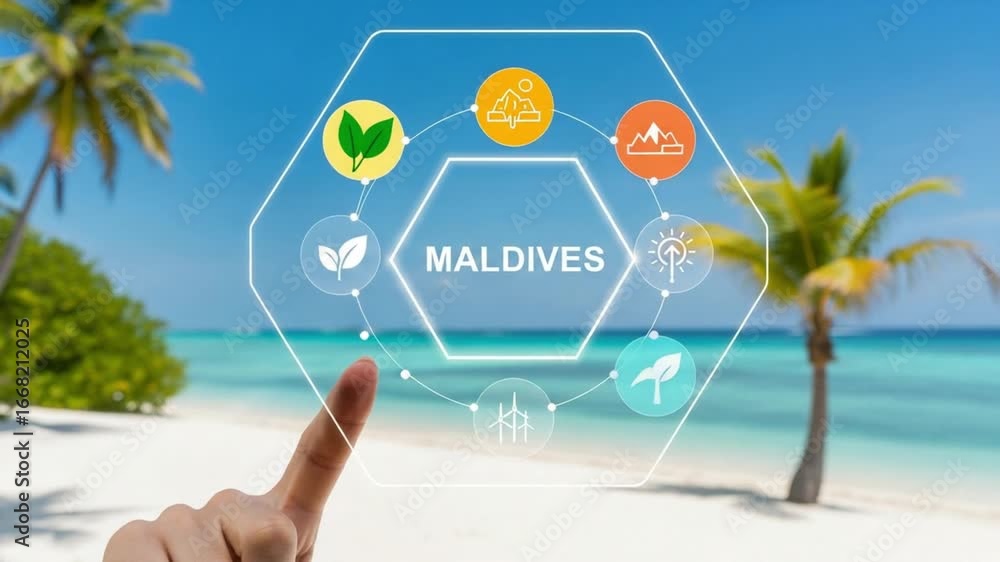 Poster finger touching maldives interface on beach with palm trees and turquoise sea in background view