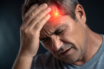 Fototapeta premium Middle-Aged Man with Severe Headache – Clutching Forehead with Red Pain Highlight