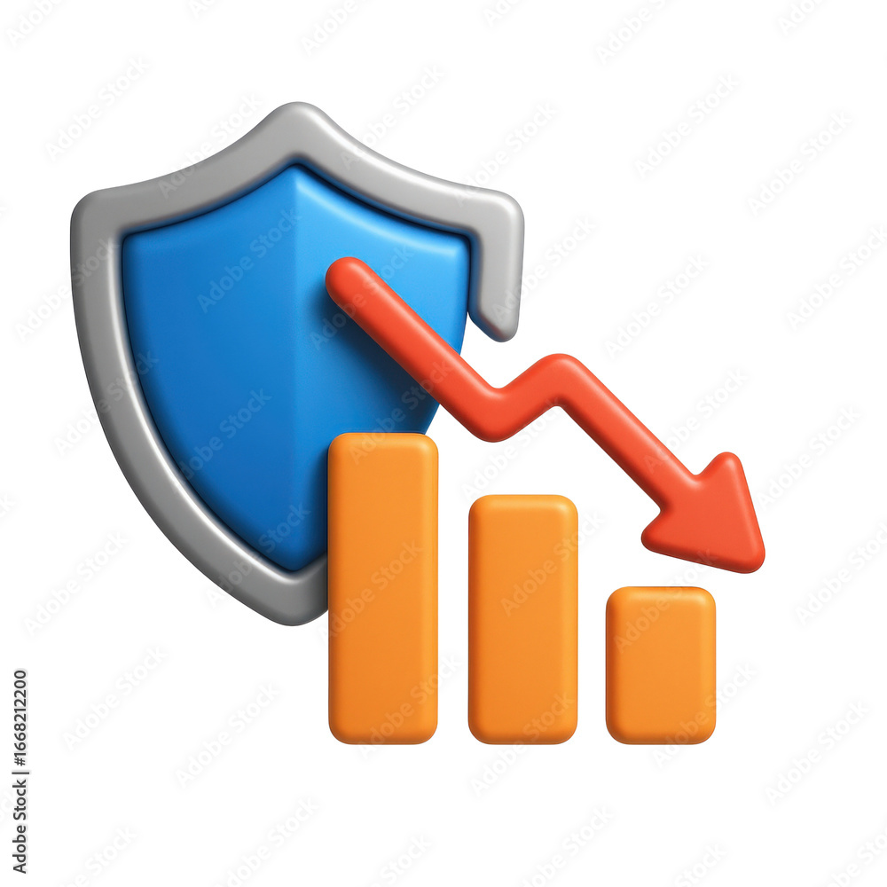 Poster efficiency recession concept. shield with declining graph elements.
