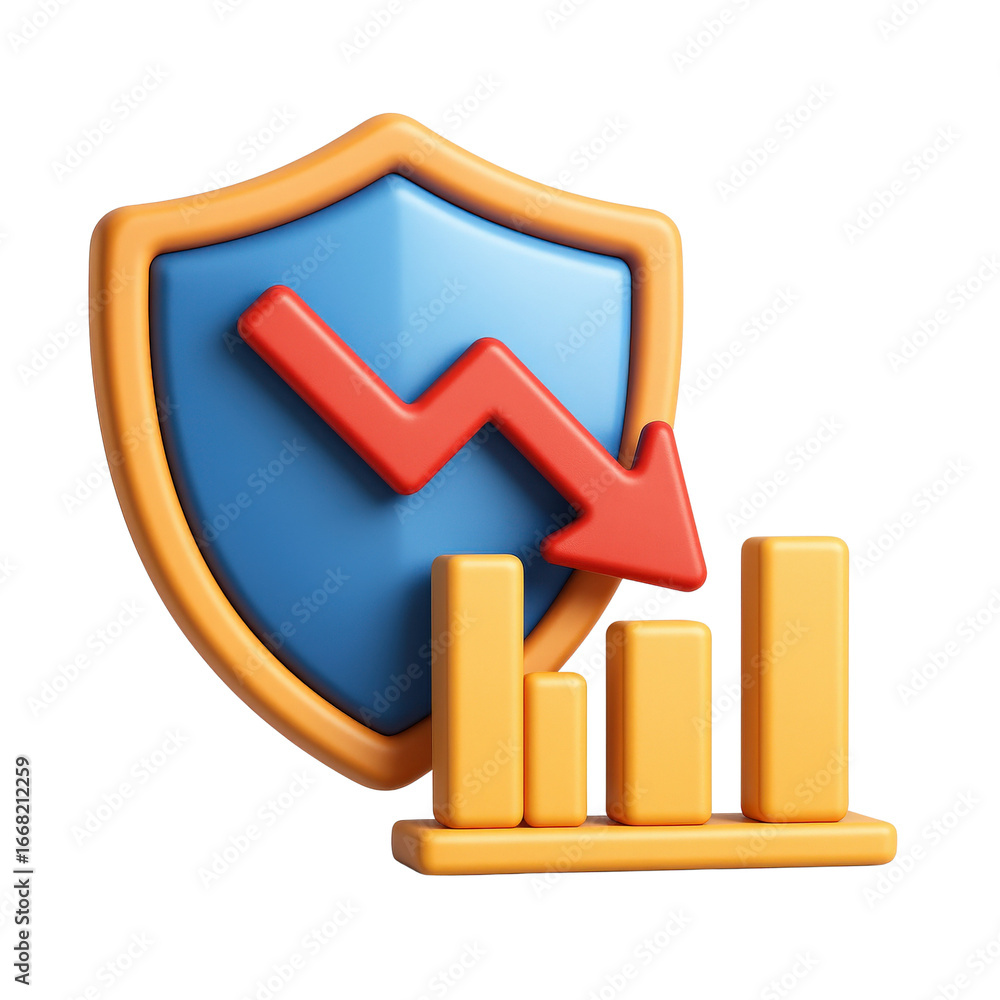 Poster efficiency recession concept. shield with a declining graph symbolizing risk management.