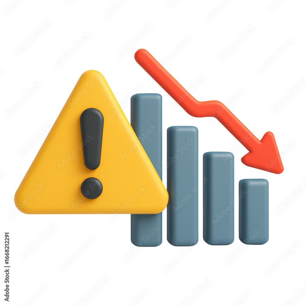 Poster efficiency recession concept. warning symbol with declining bar graph illustration.