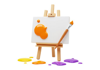 Art Studio Easel With Paintbrush and Paint Splatter on Transparent Background