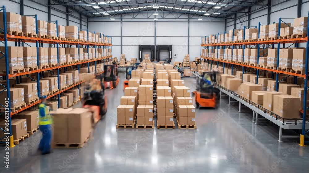Poster warehouse workers preparing dispatch - a time-lapse view of a bustling warehouse, showcasing workers