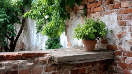 Closeup Weathered Red Brick Wall With Potted Green Plant