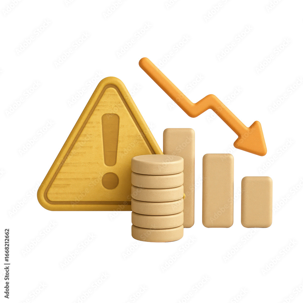 Aufkleber efficiency recession concept. warning sign with declining graph and stacked coins.