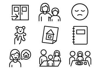 Fototapeta premium After School Icons. Outline icon set of after school impressions: school exit door, report to parent, tired