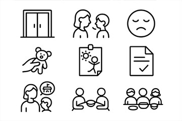 Fototapeta premium After School Icons. Outline icon set of after school impressions: school exit door, report to parent, tired