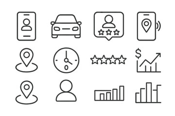 Ride-Share Icon Set. Outline icon set of ride-share operations: app login, car profile, passenger rating, pick