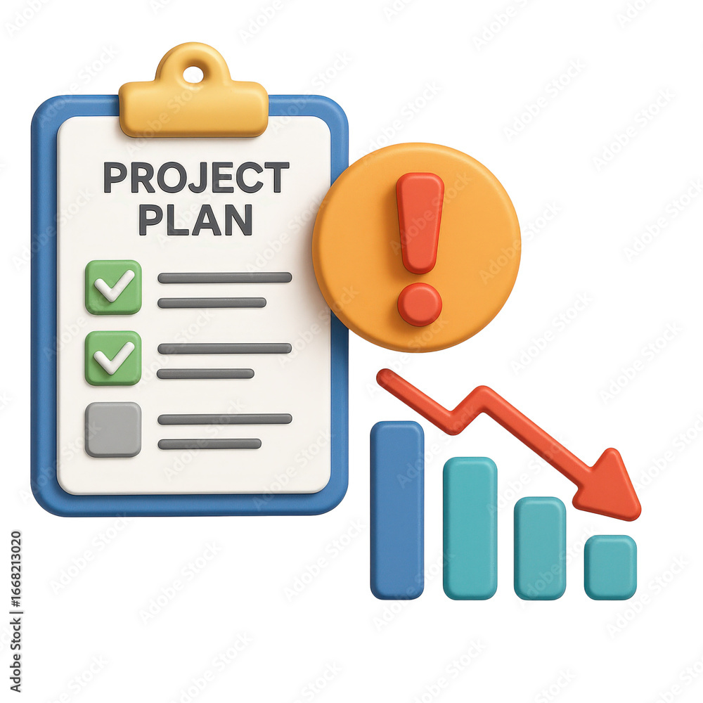 Poster efficiency recession concept. project plan with checklist and downward trend indicator.
