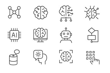 AI Brain Icons. Outline vector icons of artificial intelligence and the brain: neural network, machine