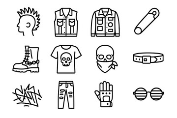 Urban Punk Icons. Outline vector icons of urban punk style: mohawk hair, denim vest, patch jacket, safety pin,