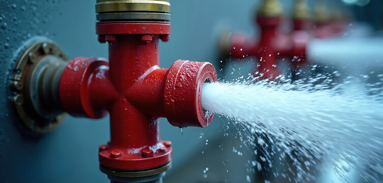 Close-up of red sprinkler system component with water spraying forcefully. Industrial pipes, valves connect to ensure fire suppression, safety. Metal fittings, bolts show system integrity. Testing - Powered by Adobe