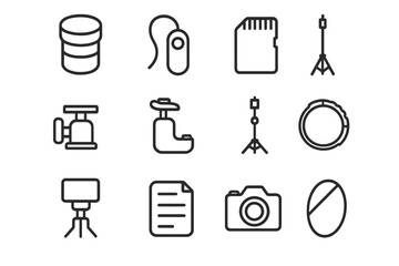 Photography Toolkit Icons. Outline vector icons of fashion photographer toolkit: lens case, shutter button,