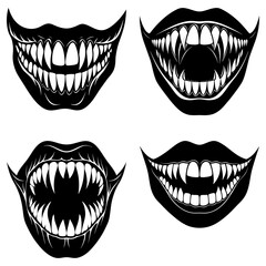 Collection of four black and white monster mouths with sharp teeth and dark lips displayed on white background